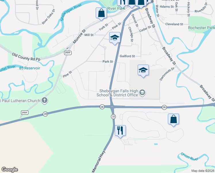 map of restaurants, bars, coffee shops, grocery stores, and more near 127 Kay Avenue in Sheboygan Falls