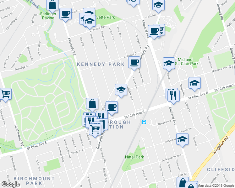 map of restaurants, bars, coffee shops, grocery stores, and more near 730 Danforth Road in Toronto