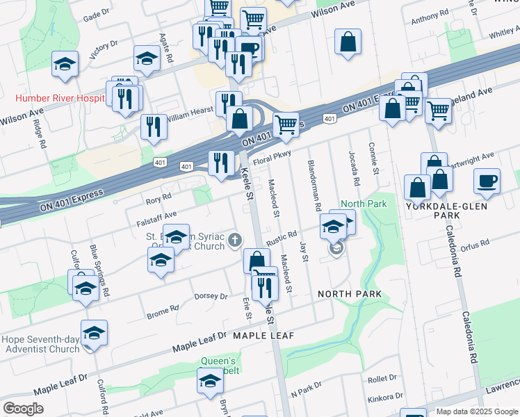 map of restaurants, bars, coffee shops, grocery stores, and more near 2618 Keele Street in Toronto