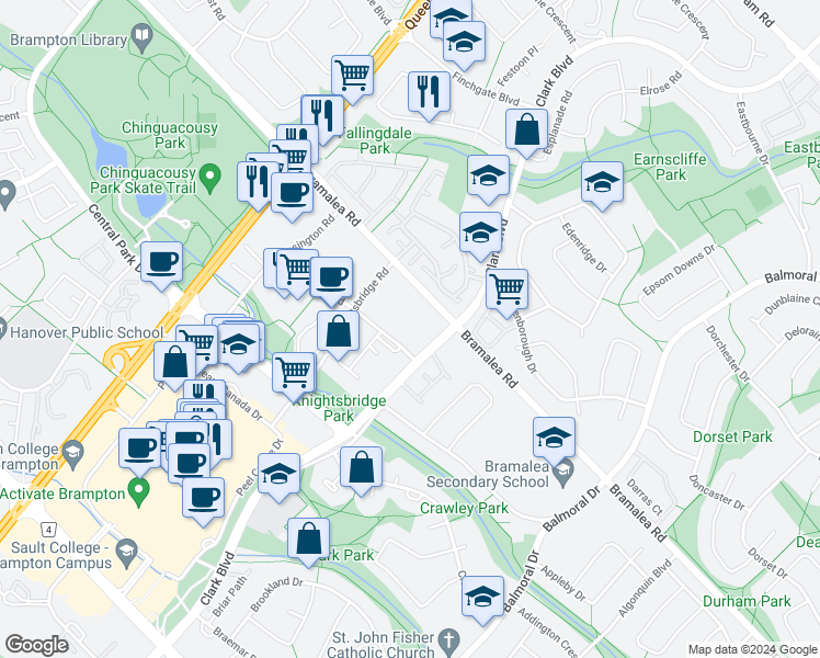map of restaurants, bars, coffee shops, grocery stores, and more near in Brampton
