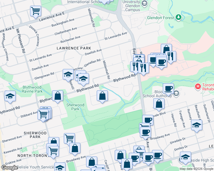 map of restaurants, bars, coffee shops, grocery stores, and more near in Toronto