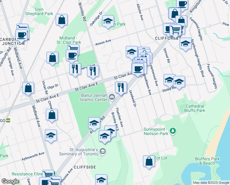 map of restaurants, bars, coffee shops, grocery stores, and more near 2790 Kingston Road in Toronto