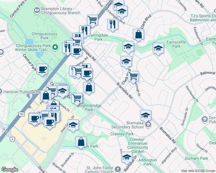 map of restaurants, bars, coffee shops, grocery stores, and more near 4 Kings Cross Road in Brampton
