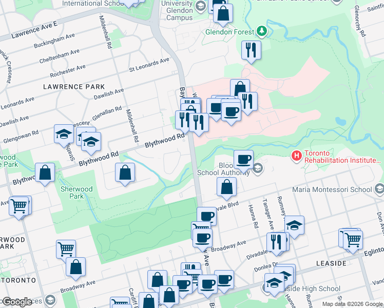 map of restaurants, bars, coffee shops, grocery stores, and more near 2008 Bayview Avenue in Toronto