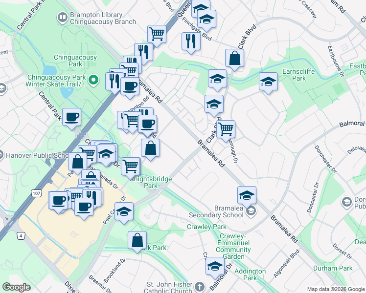 map of restaurants, bars, coffee shops, grocery stores, and more near 4 Kings Cross Road in Brampton