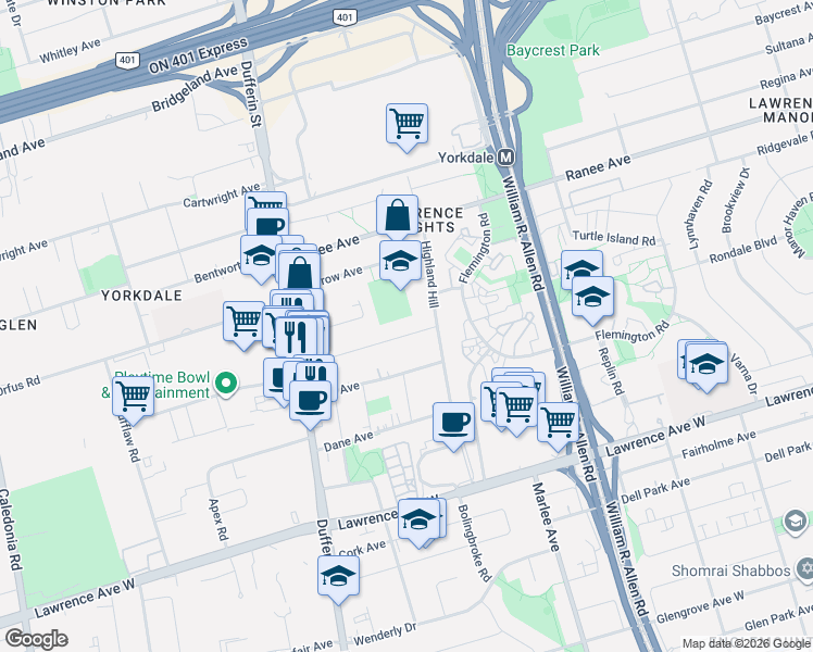 map of restaurants, bars, coffee shops, grocery stores, and more near 32 Creston Road in Toronto