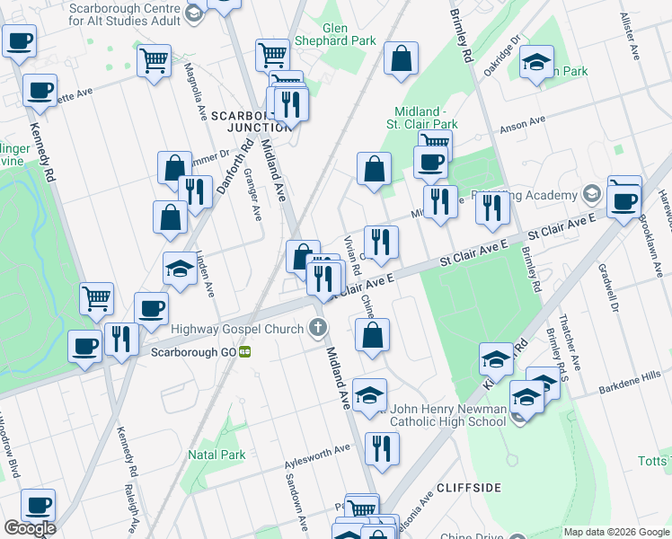 map of restaurants, bars, coffee shops, grocery stores, and more near 37 Olga Street in Toronto