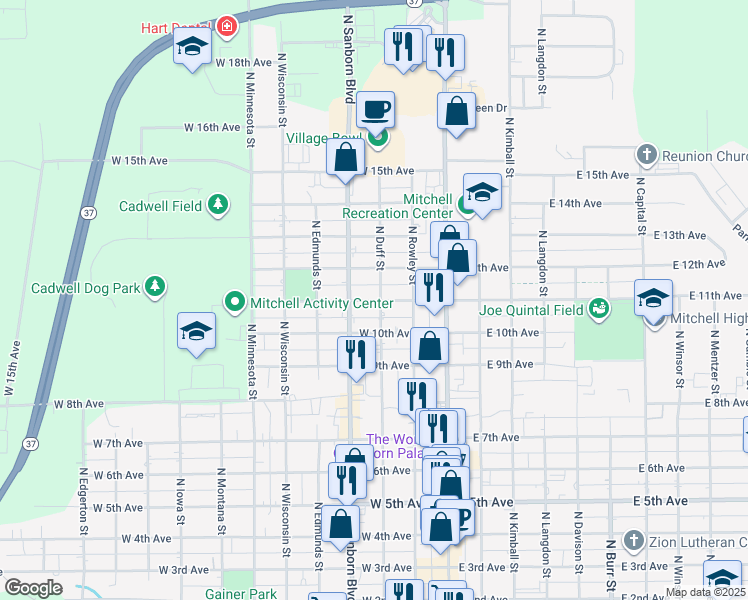map of restaurants, bars, coffee shops, grocery stores, and more near 322 West 11th Avenue in Mitchell
