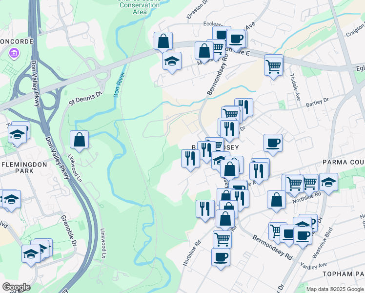 map of restaurants, bars, coffee shops, grocery stores, and more near 220 Bartley Drive in Toronto