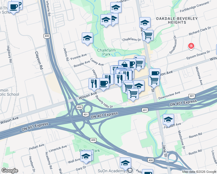 map of restaurants, bars, coffee shops, grocery stores, and more near 1744 Wilson Avenue in Toronto