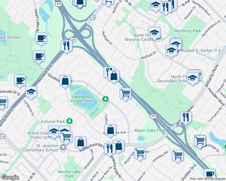 map of restaurants, bars, coffee shops, grocery stores, and more near 25 Silent Pond Crescent in Brampton