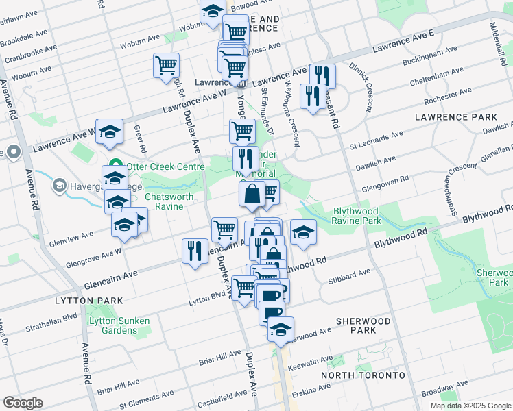map of restaurants, bars, coffee shops, grocery stores, and more near Yonge Street in Toronto
