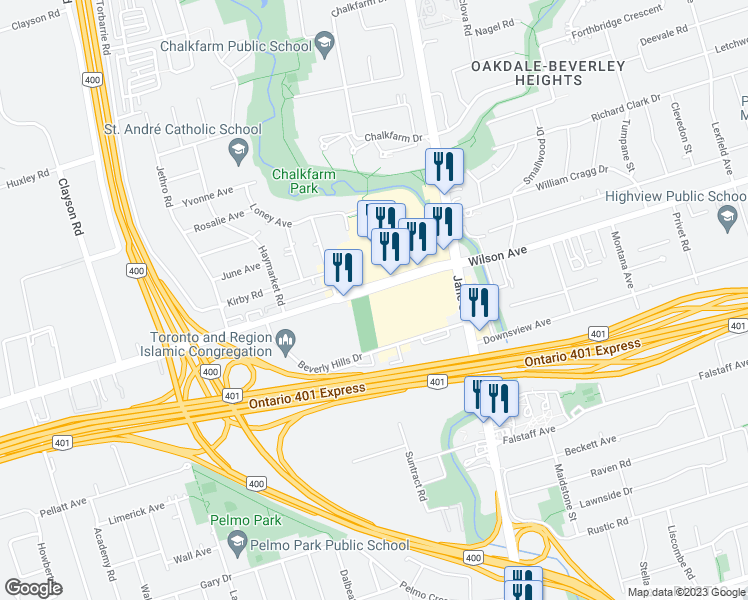 map of restaurants, bars, coffee shops, grocery stores, and more near 1625 Wilson Avenue in Toronto