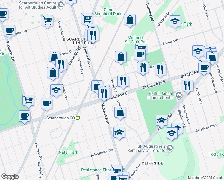 map of restaurants, bars, coffee shops, grocery stores, and more near 49 Olga Street in Toronto