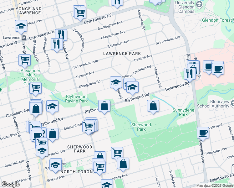 map of restaurants, bars, coffee shops, grocery stores, and more near 2 Strathgowan Crescent in Toronto