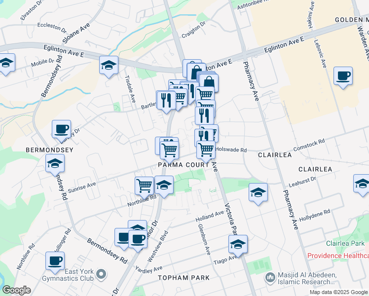 map of restaurants, bars, coffee shops, grocery stores, and more near in Toronto