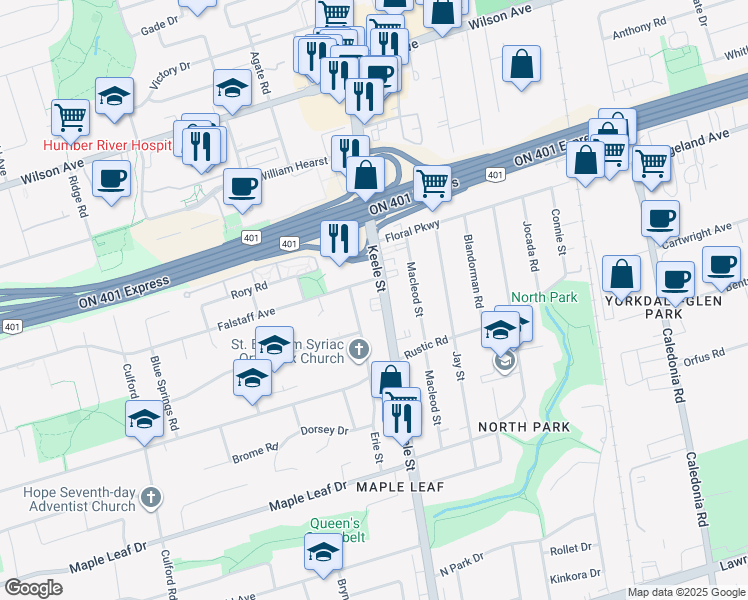 map of restaurants, bars, coffee shops, grocery stores, and more near in Toronto