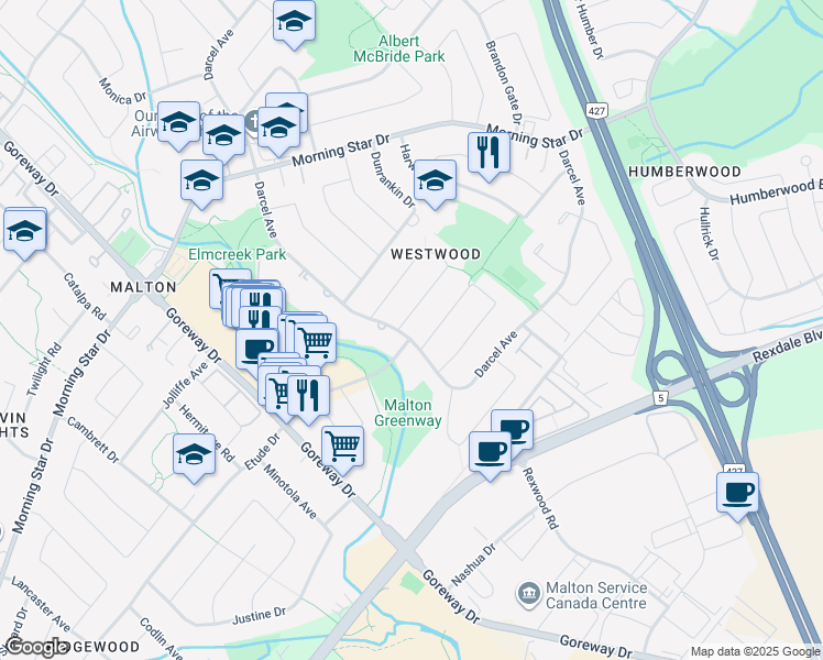 map of restaurants, bars, coffee shops, grocery stores, and more near in Mississauga