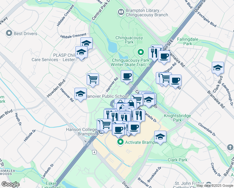 map of restaurants, bars, coffee shops, grocery stores, and more near 4 Hanover Road in Brampton