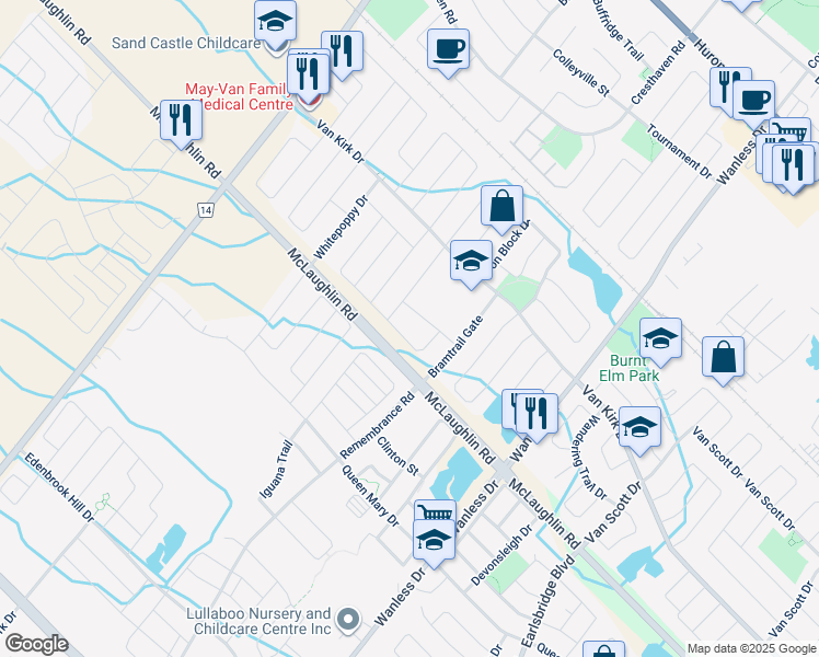 map of restaurants, bars, coffee shops, grocery stores, and more near 30 Perkins Drive in Brampton
