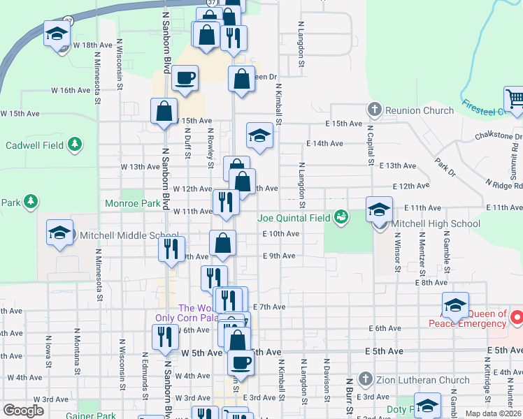 map of restaurants, bars, coffee shops, grocery stores, and more near 215 East 12th Avenue in Mitchell