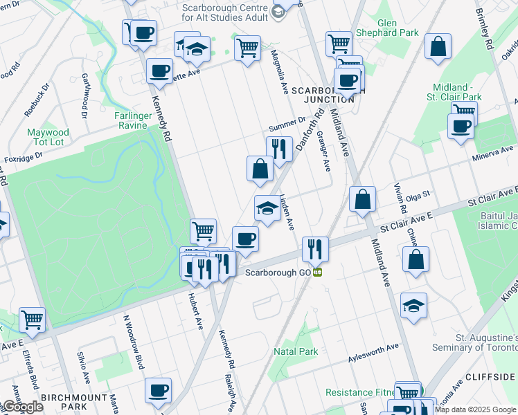 map of restaurants, bars, coffee shops, grocery stores, and more near 732 Danforth Road in Toronto