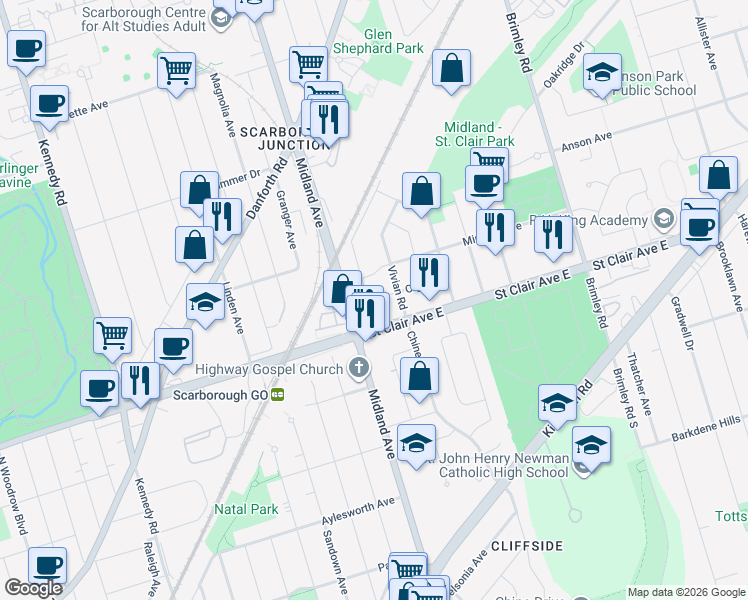 map of restaurants, bars, coffee shops, grocery stores, and more near 29 Olga Street in Toronto