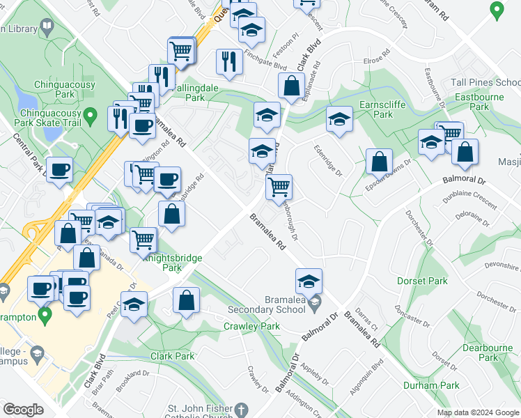 map of restaurants, bars, coffee shops, grocery stores, and more near 15 Eden Park Drive in Brampton