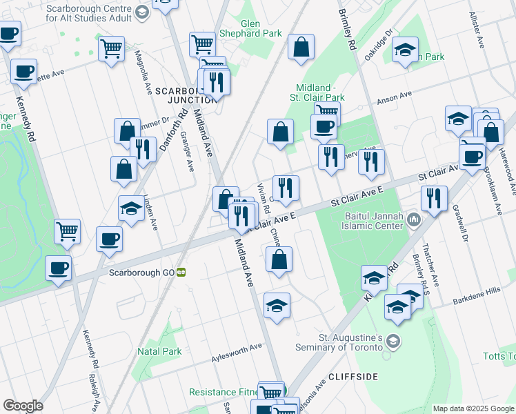 map of restaurants, bars, coffee shops, grocery stores, and more near 47 Olga Street in Toronto