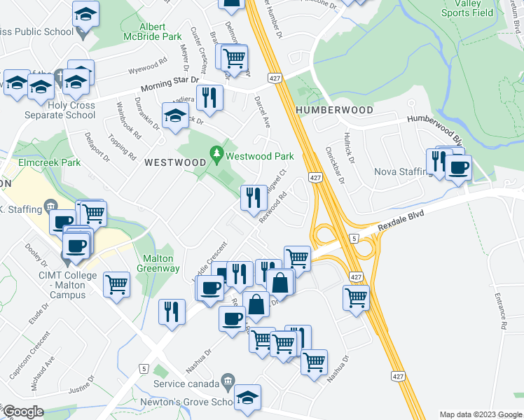 map of restaurants, bars, coffee shops, grocery stores, and more near 6959 Chigwel Court in Mississauga