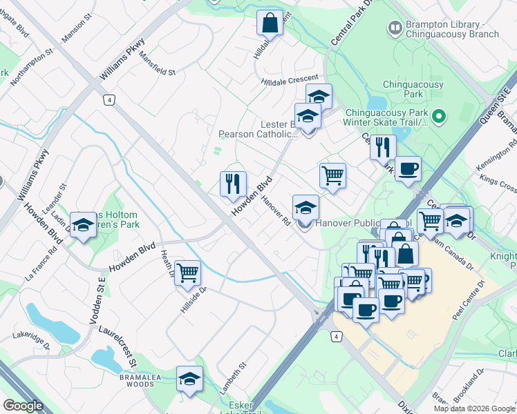 map of restaurants, bars, coffee shops, grocery stores, and more near 2 Holmstead Court in Brampton