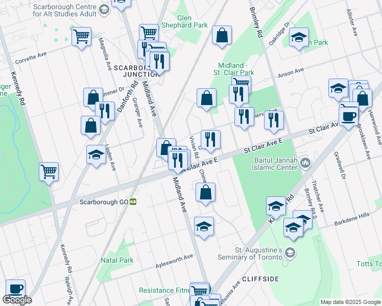 map of restaurants, bars, coffee shops, grocery stores, and more near 49 Olga Street in Toronto