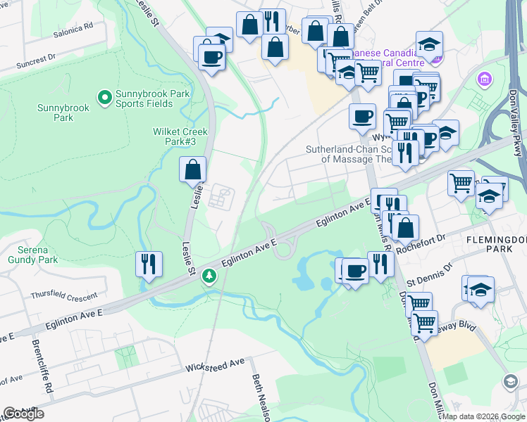 map of restaurants, bars, coffee shops, grocery stores, and more near 1 Quarrington Lane in North York