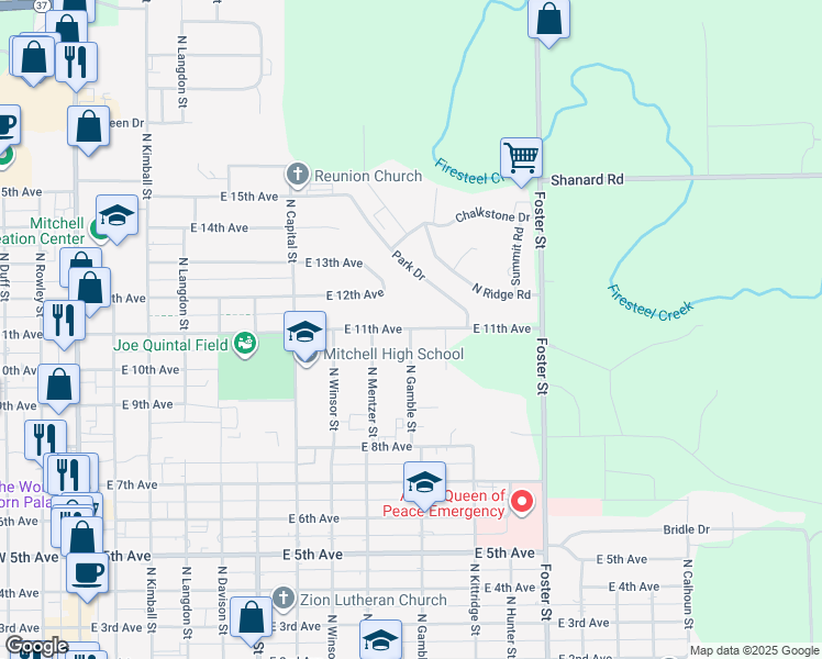 map of restaurants, bars, coffee shops, grocery stores, and more near 1099 North Gamble Street in Mitchell
