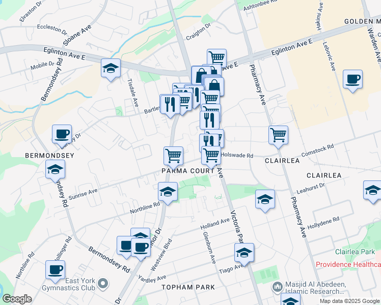 map of restaurants, bars, coffee shops, grocery stores, and more near 30 Sunrise Avenue in Toronto