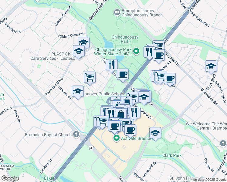map of restaurants, bars, coffee shops, grocery stores, and more near 4 Hanover Road in Brampton