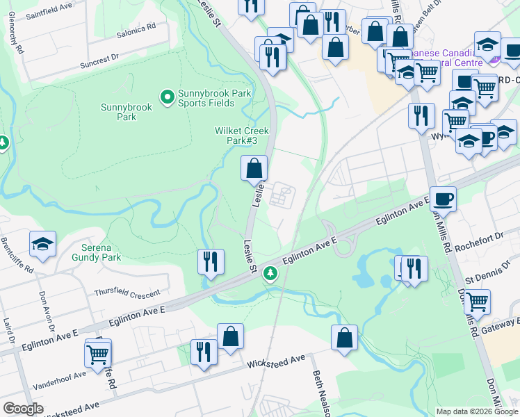 map of restaurants, bars, coffee shops, grocery stores, and more near 1095 Leslie Street in Toronto