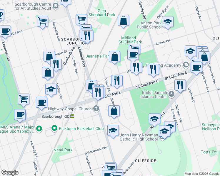 map of restaurants, bars, coffee shops, grocery stores, and more near in Toronto