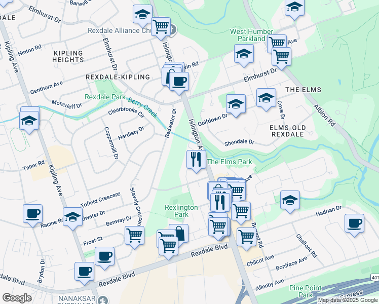 map of restaurants, bars, coffee shops, grocery stores, and more near in Toronto