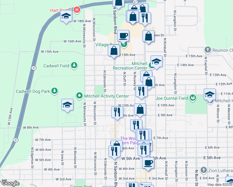 map of restaurants, bars, coffee shops, grocery stores, and more near 322 West 11th Avenue in Mitchell