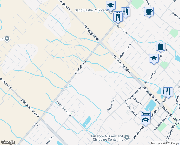 map of restaurants, bars, coffee shops, grocery stores, and more near 602 Queen Mary Drive in Brampton