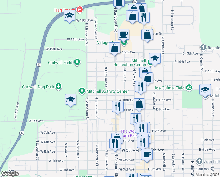 map of restaurants, bars, coffee shops, grocery stores, and more near 1100-1198 North Edmunds Street in Mitchell