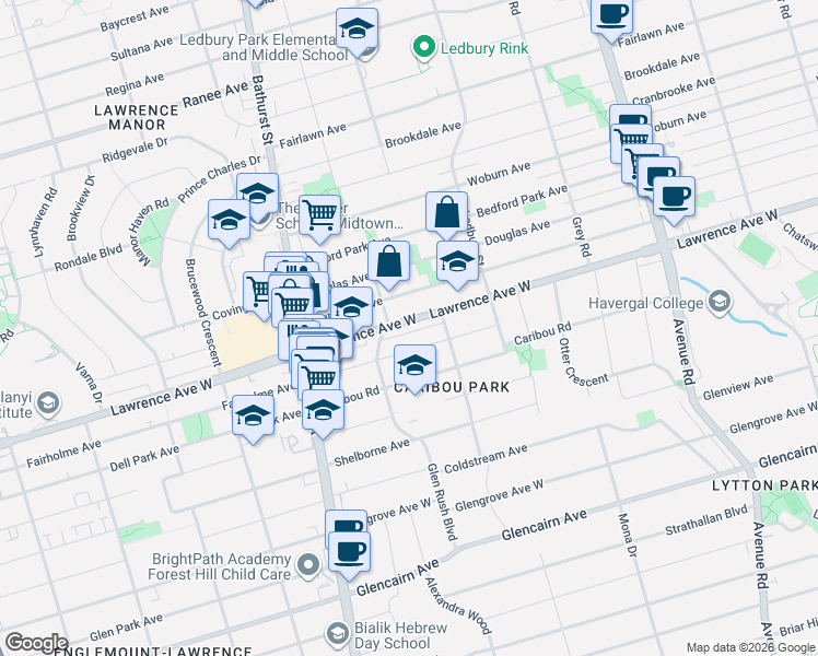map of restaurants, bars, coffee shops, grocery stores, and more near 427 Lawrence Avenue West in Toronto