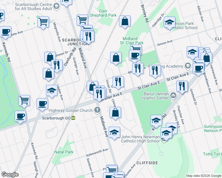 map of restaurants, bars, coffee shops, grocery stores, and more near 25 Vivian Road in Toronto