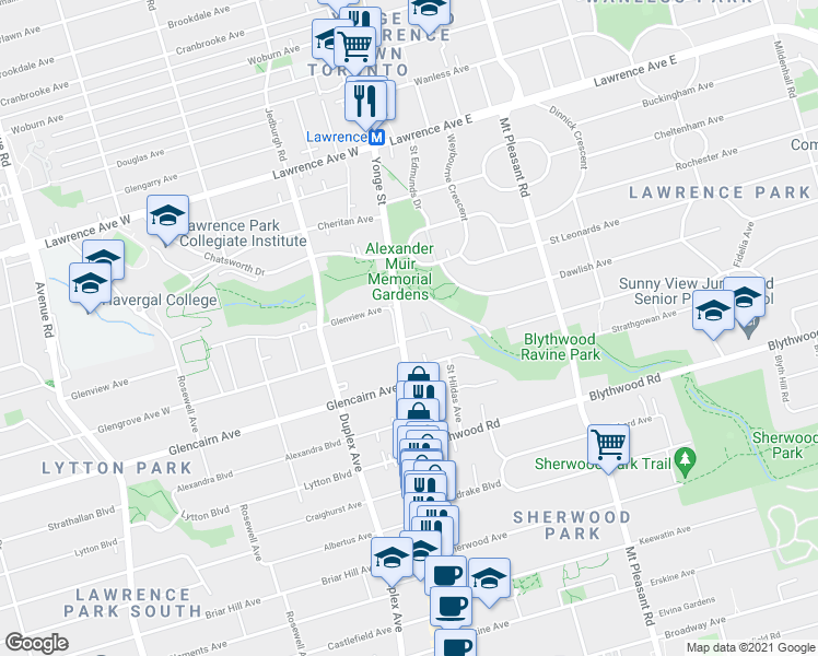 map of restaurants, bars, coffee shops, grocery stores, and more near 2837 Yonge Street in Toronto