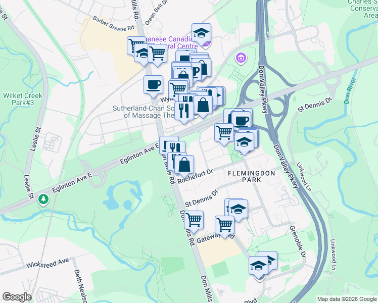 map of restaurants, bars, coffee shops, grocery stores, and more near 6 Sonic way in Toronto