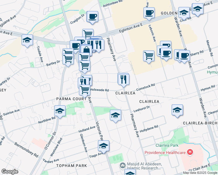 map of restaurants, bars, coffee shops, grocery stores, and more near 31 Harris Park Drive in Toronto