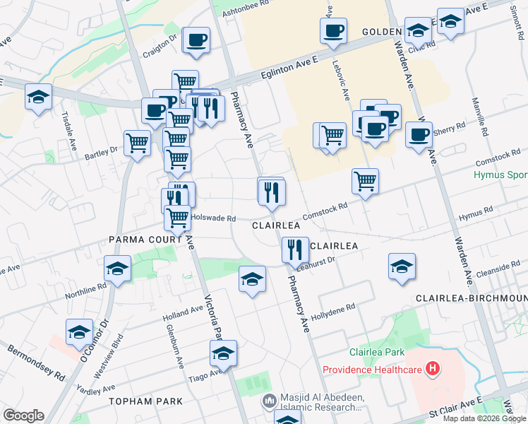 map of restaurants, bars, coffee shops, grocery stores, and more near 44 Holswade Road in Toronto