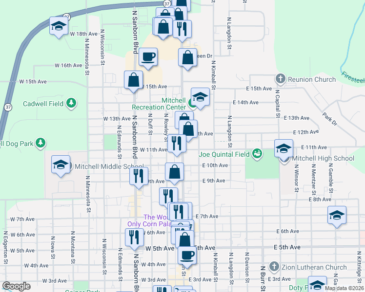 map of restaurants, bars, coffee shops, grocery stores, and more near 1121 North Main Street in Mitchell