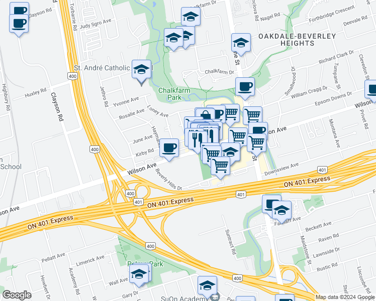 map of restaurants, bars, coffee shops, grocery stores, and more near 1738 Wilson Avenue in Toronto